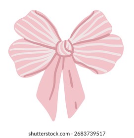 Pink bow with ribbon and stripe pattern in vintage coquette style. Flat illustration