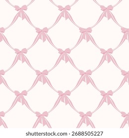 Pink bow seamless pattern. Elegant coquette ribbon design. Modern decorative background for wrapping paper, gift packaging, wallpaper, and fabric.