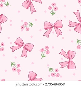 Pink bow seamless pattern with pastel floral elements and girly ribbon illustration for fabric textile wallpaper wrapping paper and cute feminine design.