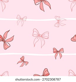 arco rosa vetor padrão sem emenda, arcos de fita femininos no fundo pastel com listras onduladas macias, bonito design feminino repetição para o envoltório de tecido e papel de parede.