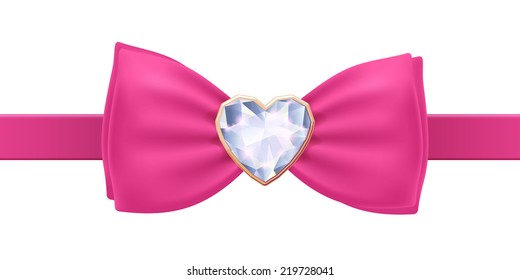 Pink Bow Tie With Heart Diamond Brooch.