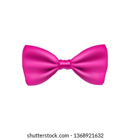 Pink bow tie from satin material. Elegant clothes accessory isolated on white background. Realistic formal wear for official event. Holiday decor from silk vector illustration.
