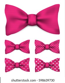 Pink bow tie with white dots realistic vector illustration set isolated on white background