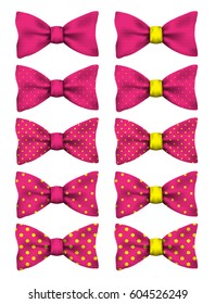 Pink bow tie with yellow dots set realistic vector illustration isolated on white background
