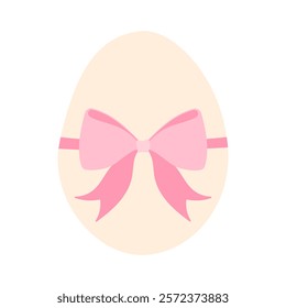 A pink bow is tied around an egg. The bow is tied around the egg in a way that it looks like it is being held by a ribbon