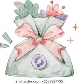 A pink bow tied green cloth bag with leaves inside