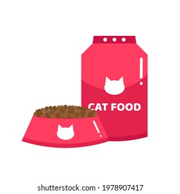 Pink bowl with cat food and package with dry cat food cute cartoon style vector icon, illustration.
