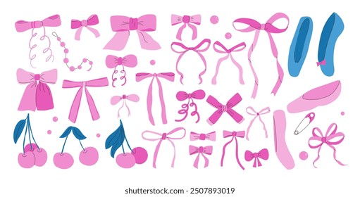 Pink bows, ballet shoes and cherry set. Coquette aesthetic kit. Vector hand drawn bow knot collection illustration isolated on white background.