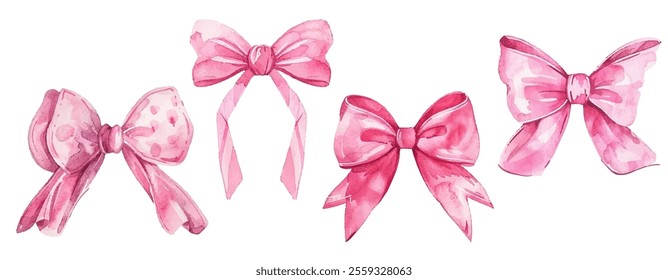 Pink bows charming vector collection. Soft, pastel shades of pink bows with girlish feminine aesthetic. Perfect for decorative purposes, gift wrapping, Valentine's Day and "It's a girl" baby shower