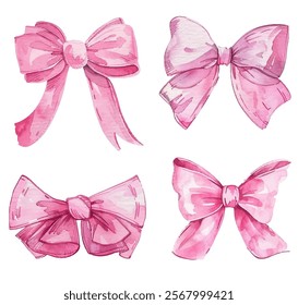 Pink bows charming vector collection. Soft, pastel shades of pink bows with girlish feminine aesthetic. Perfect for decorative purposes, gift wrapping, Valentine's Day and "It's a girl" baby shower