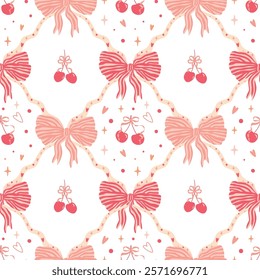 Pink bows and cherry damask seamless pattern for Valentines day. Preppy coquette trellis background. Cute romantic print, lovely wallpaper. Hand drawn bow knots, textile. Vector retro design.