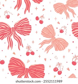 Pink bows and cherry seamless pattern for Valentines day. Preppy coquette repeat background. Cute romantic print, lovely wallpaper. Hand drawn bow knots, textile, gift paper. Vector illustration.