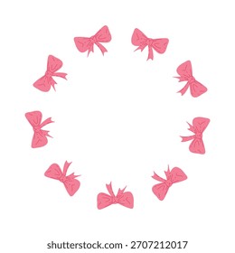Marco de círculo de lazos rosados. Corona de cintas sobre fondo blanco con espacio de copia en blanco. Vector dibujado a mano ilustración de dibujos animados para el diseño de embalaje, Plantillas de tarjeta, borde decorativo, invitaciones