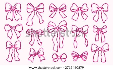 Pink bows crayon pencil hand drawn chalk drawing set. Chalk ribbon, cute, pastel, aesthetic