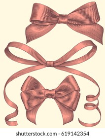 Pink bows. Design set. Hand drawn engraving. Vector vintage illustration. Isolated on white background. 8 EPS