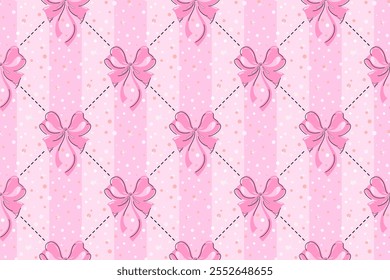 Pink bows and lines seamless pattern with small colorful dots, confetti or snowflakes background. Christmas or Valentines day holiday design
