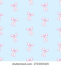 Rosa Schleifen auf blauem, nahtlosem Vektormuster. Whimsical Kokette Hintergrund, Druck, Verpackungsdesign
