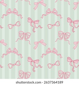 Pink bows on pastel green stripe pattern. Ribbon wallpaper.	