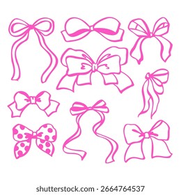 Pink bows outline clipart set in EPS format. Elegant ribbon bow line art for invitations, scrapbooking, packaging, branding, greeting cards, digital design, and DIY craft projects