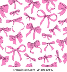 Pink bows pattern. Hand drawn Birthday gifts ribbon decoration seamless pattern, silk bow-knot for holidays gift boxes flat vector background illustration. Cute bows endless design