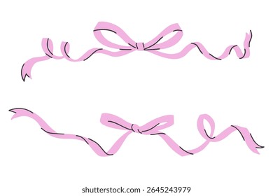 Pink bows with ribbons and knots on a white background. Vector illustrations of cute, flat, vintage doodle style, perfect for gifts, holidays, Valentine, and decorative designs.