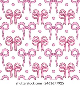 Pink bows and ribbons seamless pattern, Valentines design background, coquette core, handdrawn vector illustration