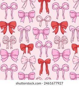 Pink bows and ribbons seamless pattern, Valentines design background, coquette core, handdrawn vector illustration