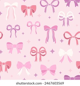 Pink bows and ribbons seamless pattern, Valentines design background, coquette core, handdrawn vector illustration