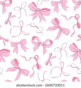 Pink bows seamless pattern. Cute minimalistic coquette bows. Vintage ribbon print for party decoration, gift wrapping, textile. Hand drawn flat design vector illustration.
