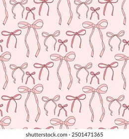 Pink bows seamless pattern. Decorative band endless background. Bowknot continuous ornament. Vector hand drawn illustration.