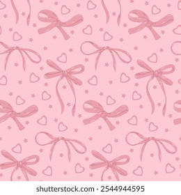 Pink bows seamless pattern with hearts and stars on light pink background. Cute and playful design suitable for festive or girly themes. St Valentines day illustration