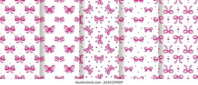 Pink bows seamless pattern set. Romantic backgrounds with elegant bows. Festive tied satin ribbon print, vector graphic