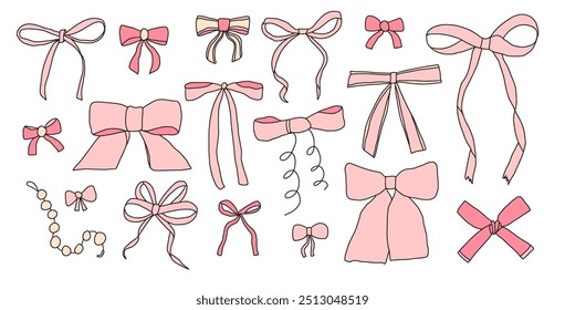 Pink bows set. Silk band kit. Coquette aesthetic. Vector bow knot scribble collection illustration isolated on white background.