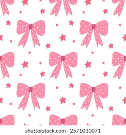 Pink bows, stars Valentine's Day, Scandinavian style, perfect for fabric, wrapping paper, textiles, baby bedding, wallpaper, pajamas.