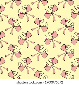 Pink Bow,seamless Pattern On Yellow Background.