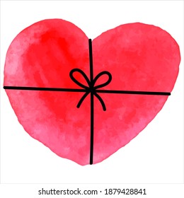 pink box with a bow for a gift in the shape of a heart, vector watercolor drawing, decorative element