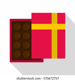 Pink box with chocolate icon. Flat illustration of pink box with chocolate vector icon for web   on white background