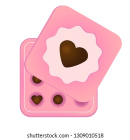Pink Box with chocolate sweets and heart symbol on top. Romantic candy. Vector illustration