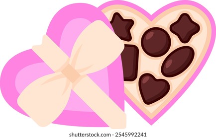 Pink box of chocolates, with a white bow, isolated flat illustration in transparent background