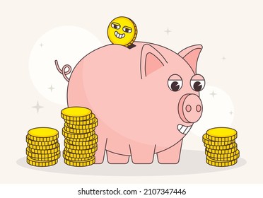 Pink box of coins. Piggy bank with falling gold coins. The concept of saving or saving money or opening a bank deposit. Vector illustration with place for text on a turquoise.