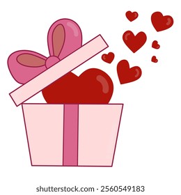 Pink Box with ribbon and red Love hearts. Valentine's Day Surprise Gift isolated on white Background.
