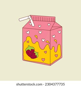 A pink box of strawberry milk with a strawberry in the middle.