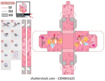 pink box template for cut with angel cupid and other characters on Valentine's day
