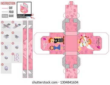 pink box template for cut with angel cupid and other characters on Valentine's day