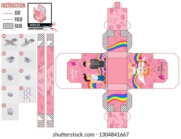 pink box template for cut with angel cupid and other characters on Valentine's day