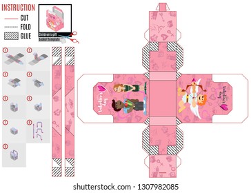 pink box template for cut with angel cupid and other characters on Valentine's day