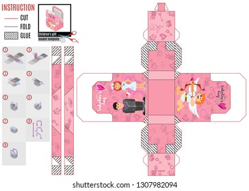 pink box template for cut with angel cupid and other characters on Valentine's day