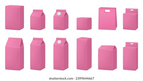 Pink boxes for dairy products. Blank cardboard package boxes mockup. Box set. Set of juice or milk cardboard package. Vector mockup set. Realistic carton package with cap. Hanging hole. Shopping bag