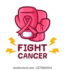 Pink boxing gloves and ribbon on isolated white background. Breast cancer concept. Vector illustration clip art flat design for banner and poster.