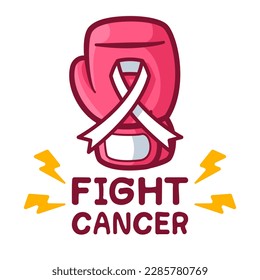 Pink boxing gloves and white ribbon on isolated white background. Breast cancer concept. Vector illustration clip art flat design for banner and poster.